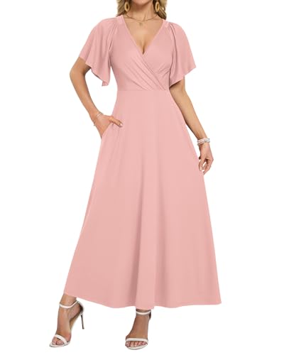 AUSELILY Summer Maxi Dresses Women 2026 Wrap Deep V Neck Flowy Beach Dresses Ruffle Sleeve Formal...