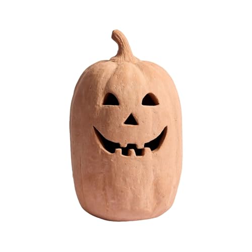 Halloween Handcrafted Jack-O'-Lantern, Artisanal Kiln-Fired Terracotta Pumpkin with Hand-Carved Details, Fall & Halloween Decor, Natural Terracotta for Home Table Porch Mantel Front Door Room (E)