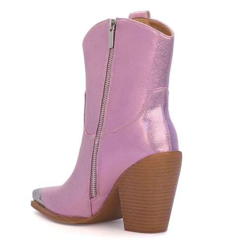 Image of Cowboy Ankle Boots for Women Engraved Steel Toe Cowgirl Boots Stacked Block Heels Short Cowboy Boot Fashion Dressy Western Country Booties
