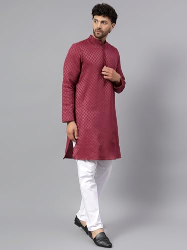 Image of LATEST CHIKAN Men's Checkered Cotton Blend Straight Kurta