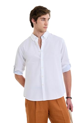 Image of SNITCH Men Smart Casual Shirt | Regular Fit Full Sleeve Button-Down Collar Solid Style | Breathable Cotton Linen Blend & Lightweight Fabric for Office