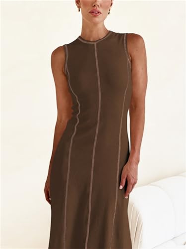 Image of Women's 2025 Summer Sundress Elegant Casual Crew Neck Sleeveless Knit Striped Bodycon Maxi Dress