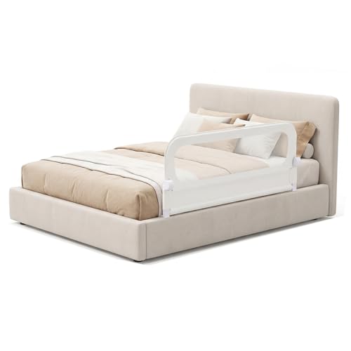 COSTWAY Bettgitter klappbar, 150 x 60 cm Bettschutzgitter mit abnehmbarem Oxford-Bezug, U-förmigem Gestell & Gurt, Kinderschutzgitter, Rausfallschutz für Kinderbett Elternbett Boxspringbett (Weiß)