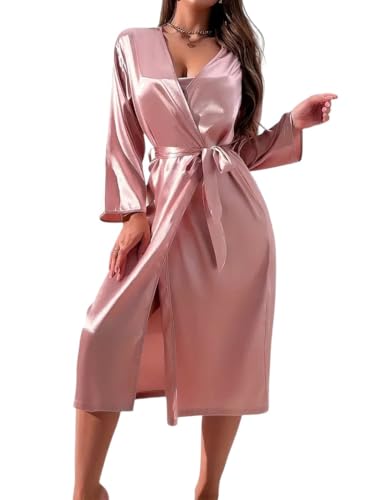 Image of Embrace Silky Robe Set Pink Bathrobe For Women's Ultra-Soft & Lightweight After Bath Spa Bathrobe | Highly Absorbent