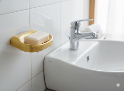 Image of CIPLA PLAST Self Adhasive Wall Mounted Soap Dish Holder, Golden Coloue, Plastic, Drainage Design, Adhesive Mount, Bathroom Organizer, Pack of 2