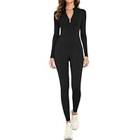 adorence Damen Sport Jumpsuit Lang Eng, Yoga Overall mit Reißverschluss, Langarm Sport Einteiler Romper Bodycon, Rollkragen Bodysuit Women Fitness Workout -Schwarz,S