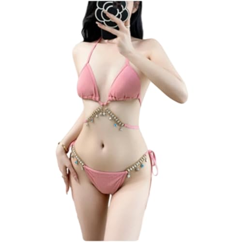 XHZPF Conjunto de Bikini de Purpurina para Mujer con Cadena Decorativa y Falda Cruzada - bañador de Dos Piezas con Escote (Conjunto de Tres Piezas Rosa,as4,Alpha,s,Regular,Regular)