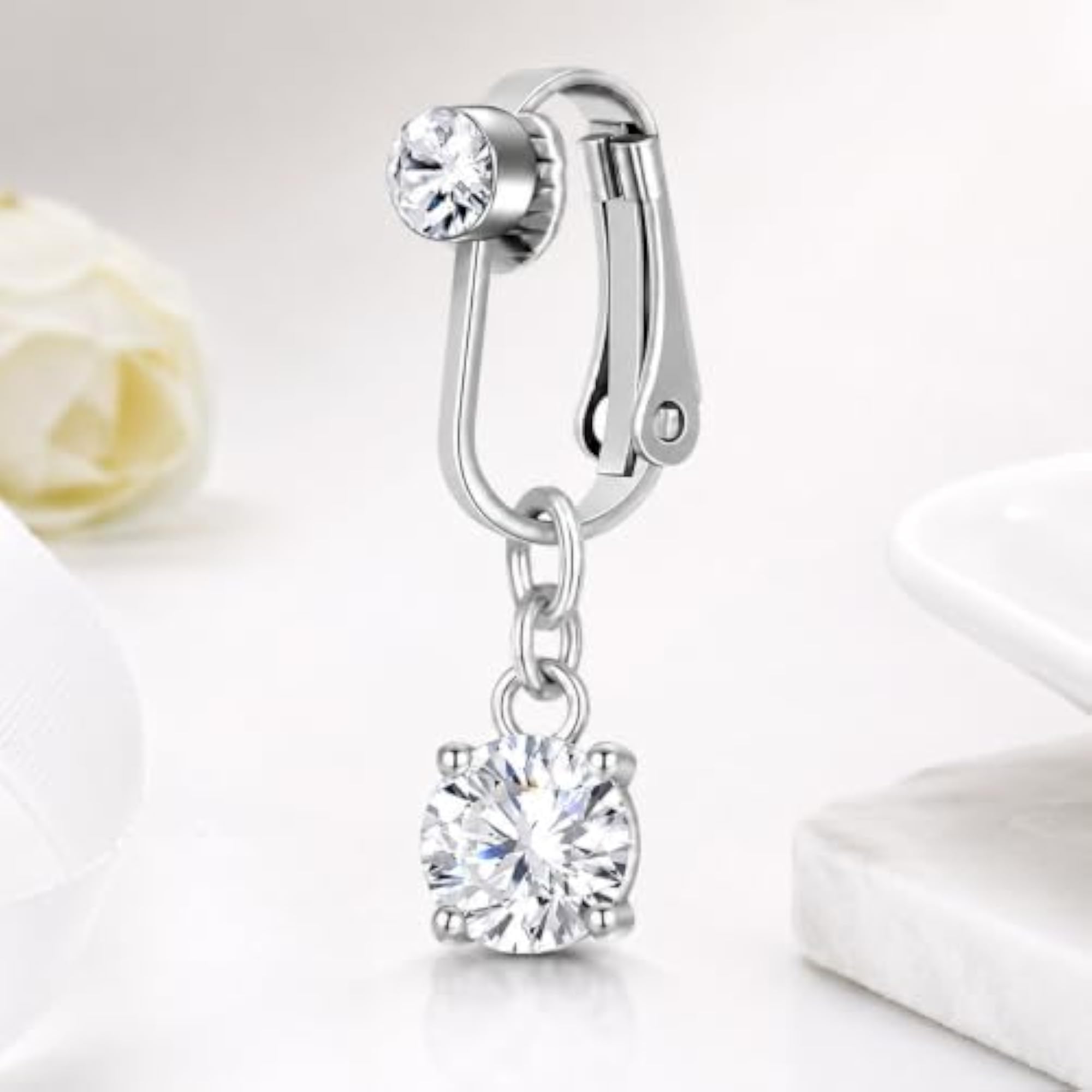 Fake Silver Belly Navel Ring with Crystal Dangle for Women