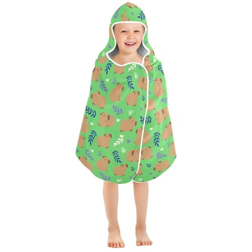 Image of Green Cute Capybara Hooded Beach Towel for Kids, Kids Bath Hooded Towels for Boys Girls, Super Soft Absorbent Bathrobe with Hood for Swin Pool 50 inchx23.5 inch