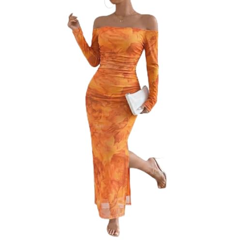 Image of LIGHT DOT Women's Printed Off Shoulder Maxi Dress Long Sleeve Bodycon Ruched Mesh Cocktail Dress