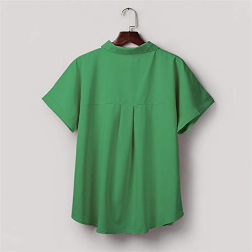 Women T Shirt Summer Solid Lapel V Neck Blouses Short Sleeve Button Down Tee Tops With Pocket Plus Size Loose Shirts Green #TOP2
