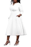 Nmoder Women's Plus Size Stretchy Flared Wrap Dress Casual Wedding Guest Cocktail Work Midi Dresses V Neck 3/4 Sleeve A-Line Swing White 3XL