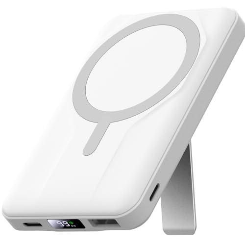Azmuth Batterie Externe Magnétique Compatible avec MagSafe, 10000mAh Chargeur Portable sans Fil Power Bank Rapide 20W PD USB-C, avec Support & Affichage LED, pour iPhone 17/16/15/14/13/12 Série, Blanc