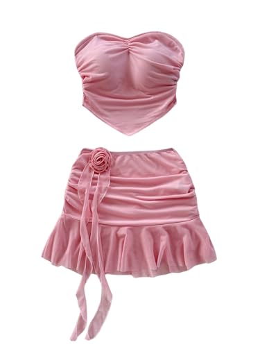 Verdusa Women's 2 Piece Outfits 3D Flower Ruched Crop Tube Top with Ruffle Mini Skirt Y2k Clothing Sets Light Pink Medium
