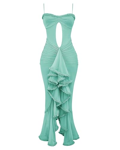 Image of houstil Women's Casual Summer Dress Strap Ruffle Beach Party Maxi Cocktail Evening Holiday Wedding Guest Dresses