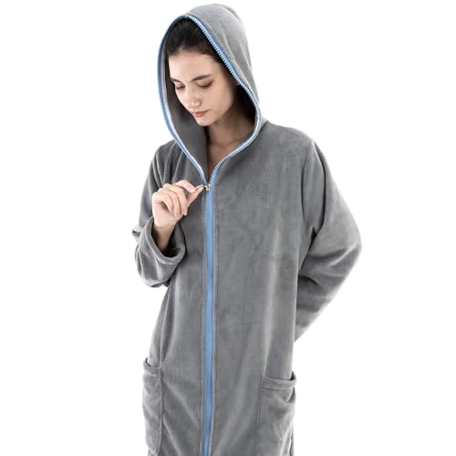 COSUSKET Women's Bathrobe, Zipper Sleepwear Nightgowns Fleece Long Sleeve Zip up Hooded Robes with Pockets House Coat4