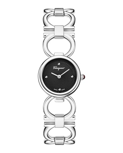 Ferragamo Double Gancini Collection Luxury Womens Watch Timepieces with a Silver Bracelet Featuring a Stainless Steel Case and a Black Dial