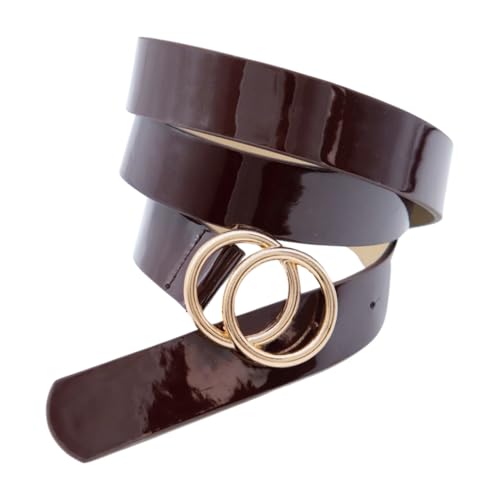 Trendy Fashion Jewelry Women Belt Faux Patent Leather Gold Metal Cirlces Buckle Size S M Chocolate Brown