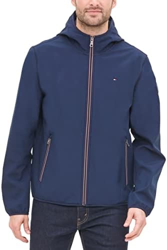 Tommy Hilfiger mens Lightweight Water Resistant Breathable Hooded Performance Softshell Windbreaker Jacket, Midnight, Large US