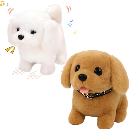Image of ABTER Interactive Walking Puppy Toy with Sound Effects, Electronic Pet, White Plush Dog with Nodding Head, Wagging Tail and Barking Sounds, Educational Gift for Kids (Brown & White Dog Combo)