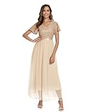 PAILLETTEN ABENDKLEID: Oberteil allover mit matt schimmernden Pailletten, Gerafftes Rockteil aus doppellagig zartem Mesh mit offener Saumkante