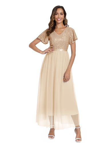 Abendkleid Damen Lang Mit Glitzer - Elegantes Ballkleid Mit V-Ausschnitt