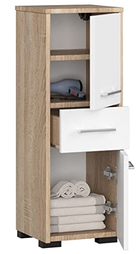BDW Badezimmerschrank, VILE FARB, hoher moderner Badezimmerschrank, viel Stauraum, geeignet für kleine Räume. Universelles. Abmessungen: 30 x 85 x 30, Eiche Sonoma / Weiß
