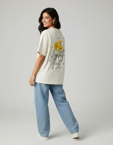 Image of Oversized Cotton T-Shirt for Women Half Sleeve - Love Yourself First Printed Tee - Breathable Loose Fit Motivational Casual Wear for College and Daily Outfits