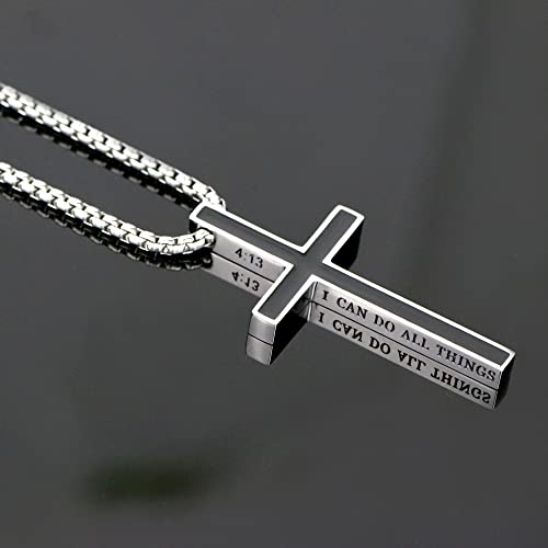 Black Cross Necklace For Men Christian Philippians 4:13 Cross Necklace For Boys, Mens Cross Chain Engraved I Can Do All Things Through Christ Necklace, Stainless Steel Cross Necklace For Men 22''+2'' Cross Pendant #TOP1