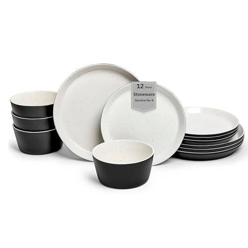 Image of Sango 12-Piece Stoneware Dinnerware Set for 4, Modern White & Black Plates and Bowls Sets with Speckled Glaze, Durable Kitchen Ceramic Dish Set, Microwave & Dishwasher Safe Everyday Dishes, Stockholm
