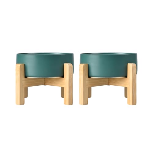 SPUNKYJUNKY Gamelle pour Chien en céramique Set de gamelles surélevées avec Support en Bambou pour Chats et Chiens (850ml, Vert)