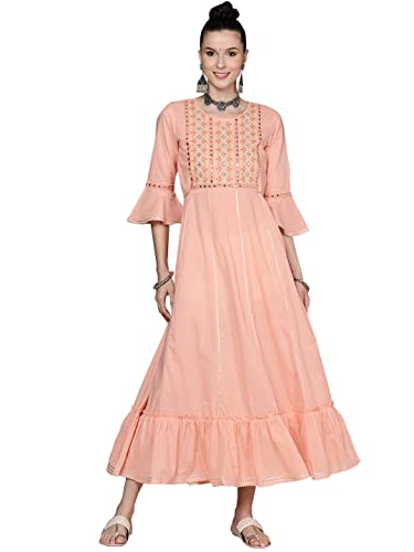 Image of anubhutee Women's Maxi Cotton Lavender Mirror Work Embroidered A-Line Indo Western Dress