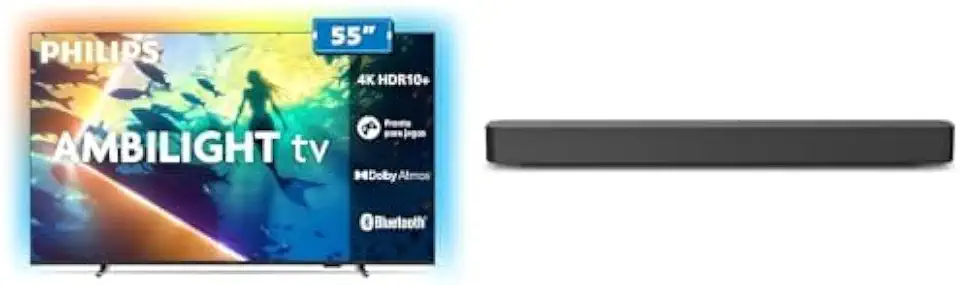 PHILIPS, Smart TV Ambilight 55" 4K, 55PUG8100/78 + PHILIPS, Soundbar, TAB4000, Aparelho de Áudio para TV com Bluetooth, HDMI ARC e USB