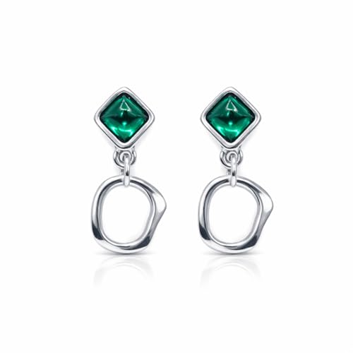AMICHI – Pendientes Plata Mujer Cristal – Pendientes Colgantes Aro Irregular Colgante Diseño Geométrico Elegante – Estilo Boho Chic – Zamak Bañado en Plata- Accesorios Handmade (Verde)