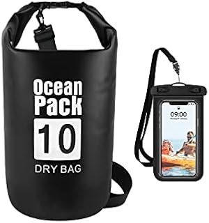 Premium Waterproof Bag, 10L with Waterproof Phone Case Adjustable Shoulder Strap Waterproof Dry Sack Roll Top Perfect for Kayaking Boating Canoeing Camping Fishing Rafting Swimming Snowboarding Black