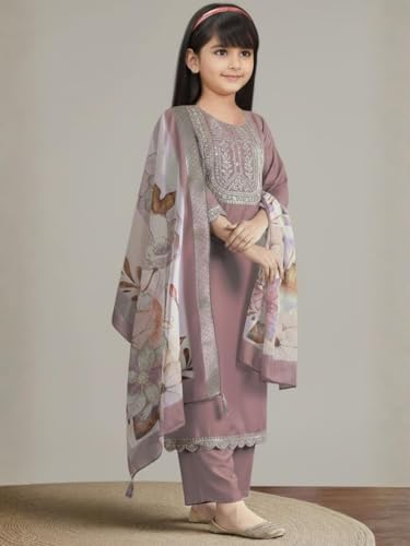 Image of Girls Ethnic Embroidered Silk Kurta Pant and Jacquard Dupatta Set | Kids Salwar Suit | three piece Traditional Outfit