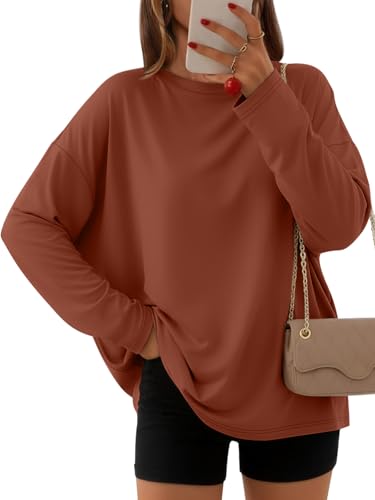 AUTOMET Women's Oversized Long Sleeve Shirts Fall Clothes 2026 Tops Tee Fashion Gym Baggy Basic Casual Loose Fit Workout Y2k Trendy Tops Maple M