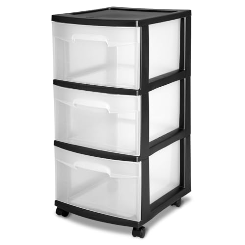 Black 3 Drawer Plastic Storage,Medium Transparent Organizer Cart with Wheels for Home,Rolling Bin Cart Storage,Office Supplies Organizer,Suitable for Clothing Organization and Office Supplies