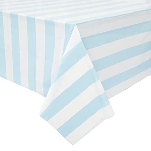 Image of BLUE PANDA Beach Table Cloth - 54 x 108 in, Light Blue & White, 3-Pack - Striped Plastic Tablecloth & Disposable Table Cover - Beach Party Decoration