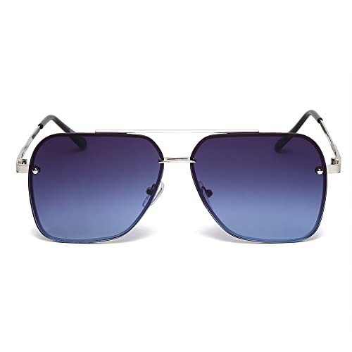 Image of GAINX Retro Square Aviator UV Protected Sunglasses Premium Glass Lens Flat Metal Sun Glasses Men Women (Blue Silver)-Pack Of 1