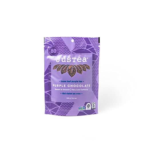 JusTea PURPLE CHOCOLATE | Loose Leaf Purple Tea | Recyclable Refill Pouch | 40+ Cups (3.5oz) | Very Low Caffeine | Award-Winning | Fair Trade | Non-GMO