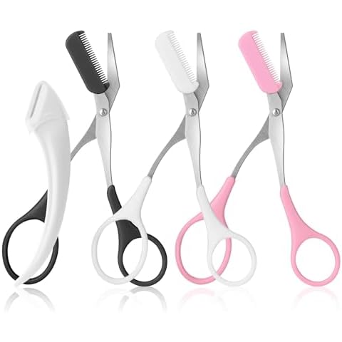 3pcs-Eyebrow Scissors with Eyebrow Razor,Professional Eyebrow Trimmer Scissors with Comb,Non Slip Finger Grips Eyebrow Trimmer,Hair Removal Beauty Accessories for Men Women(Black, white, Pink) Cover