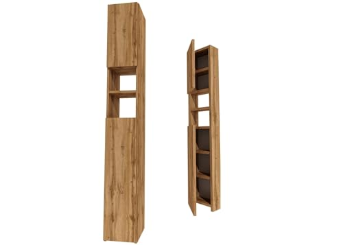 CraftPAK Badezimmerschrank 24 cm Breit, Badschrank, Hochschrank 7 Fächer Verstellbar 2 Türen Badezimmermöbel Badmöbel Schmal Holz Braun