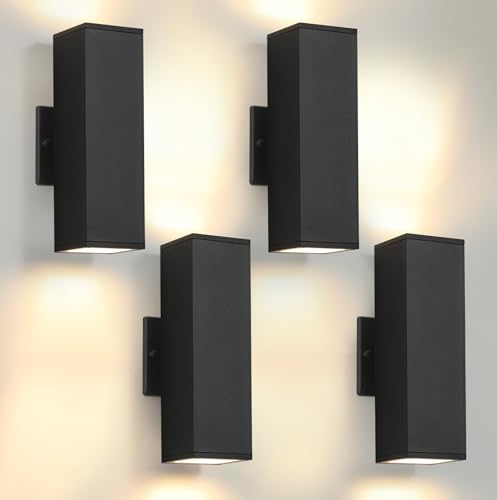 Image of 4 Pack LED Square Up Down Outdoor Wall Lights, Black Exterior Light Fixture | Bulb Incl., 3000K, Aluminum, 12'' Modern Outdoor Lights for House, Waterproof Outside Porch Sconce Light for Garage, Patio