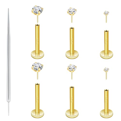 14K Gold Filled Threadless Nose Studs 316L Surgical Steel Labret Studs Lip Rings Push in Flat Back Stud Earrings CZ Nose Nostril Cartilage Lip Medusa Conch Tragus Helix Body Piercing Jewelry for Women Men Hypoallergenic 20G 18G 16G