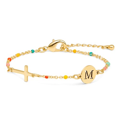 Raicegs Cross Bracelet with Initial 18K Gold Initial Bracelets for Women Teen Colorful Dainty Link Chain Bracelets Christian Gifts for Women Faith Jewelry