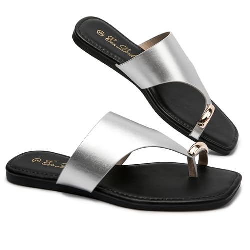 Image of Eozlink Women's Toe Ring Flat Sandals, Slip On Dressy Summer Slides | PU upper with square toe and metal accent for resort and casual outfits