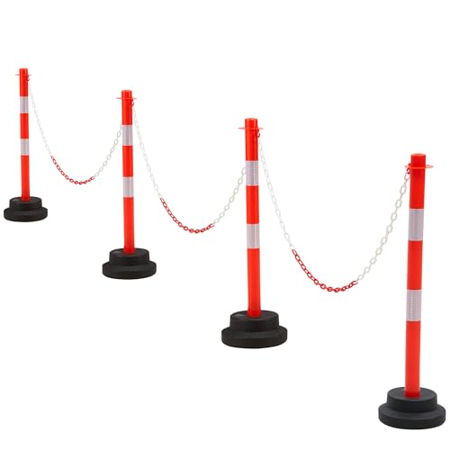 Dragosum [4 Pack] 34 inch Traffic Delineator Post with Weighted Base, Orange Safety Cones with 5 FT Plastic Chain, Safety Barriers with Reflective Collar for Parking Lot, Driving Training