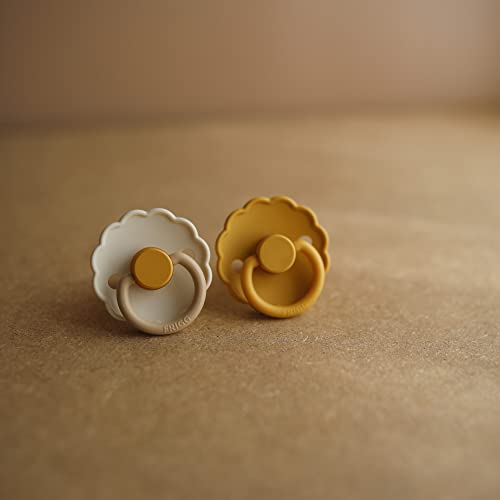 Image of FRIGG Daisy Natural Rubber Baby Pacifier | Made in Denmark | BPA-Free (Chamomile /Peach Bronze, 0-6 Months) 2-Pack