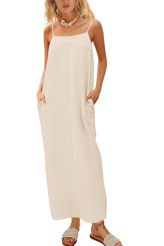 ReachMe Womens Linen Maxi Dress Loungewear Spaghetti Strap Long Dresses